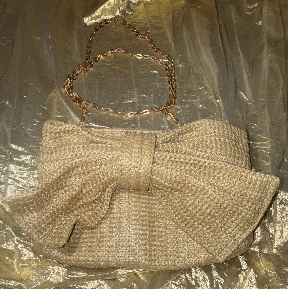 Beige Woven Bow Front Small Rectangle Clutch Gold Chain Strap
